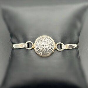 Vintage 925 sterling silver OBSIDIAN AZTEC CALENDAR Bangle Bracelet  - MEXICO